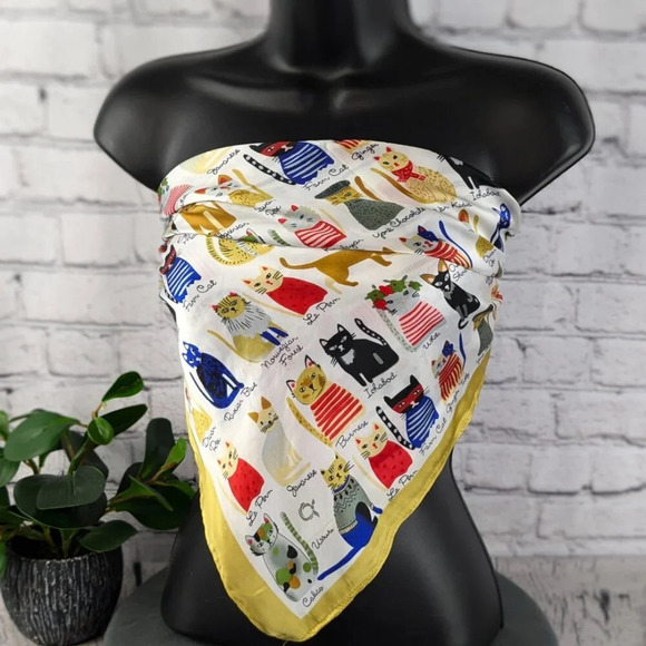 Assorted colorful whimsical cats on white background with gold trim scarf - Picture 4 of 11